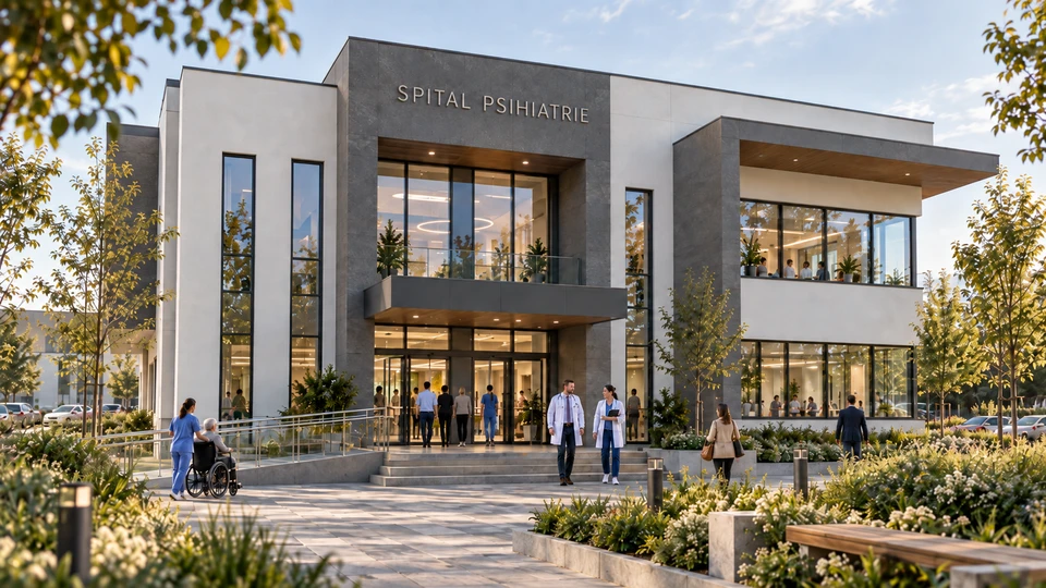 Centru de Sănătate Mintală și Prevenirea Adicțiilor – Târgu Jiu — Accesul principal protejat și rampa de acces