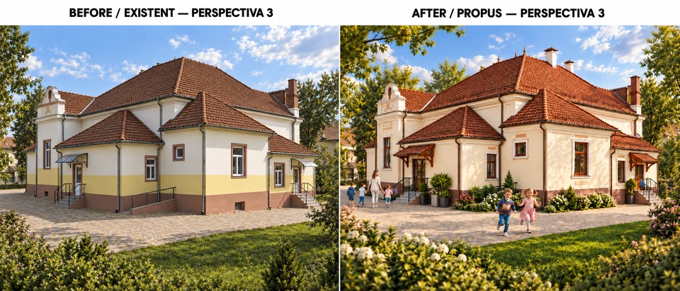 Renovare grădiniță în Hațeg — Situație existentă / propunere de renovare — perspectiva 3