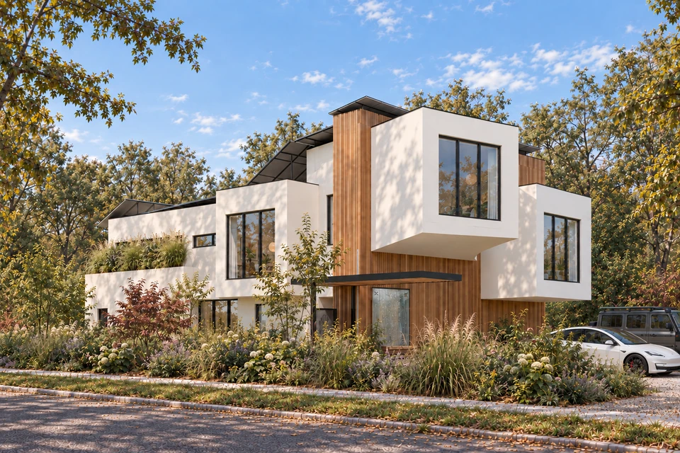 Casa M22 — Corbeanca — Vizualizare de arhitectură — Perspectivă de acces, ziua
