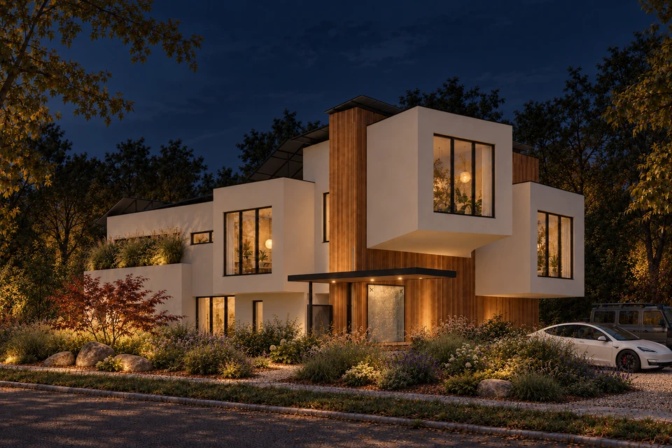 Casa M22 — Corbeanca — Vizualizare de arhitectură — Perspectivă cu grădină, noaptea