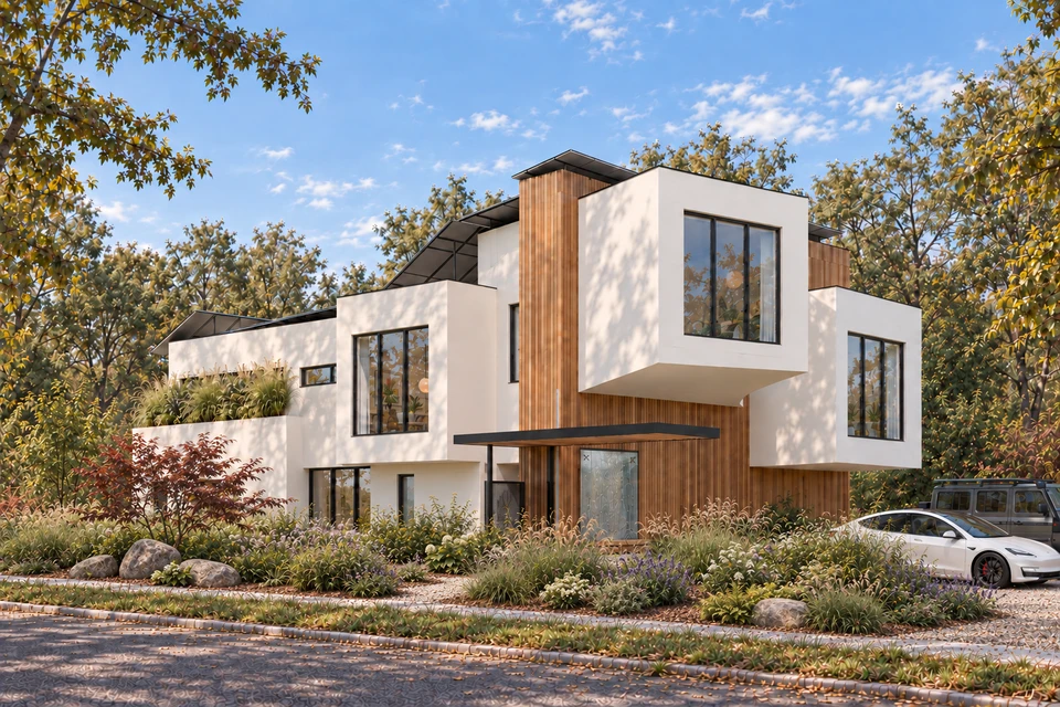Casa M22 — Corbeanca — Vizualizare de arhitectură — Perspectivă cu grădină, ziua