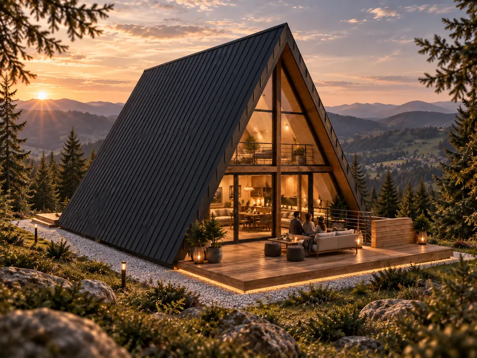 A-frame guesthouse in Gorj — Oblique view of the glazed façade · visualisation