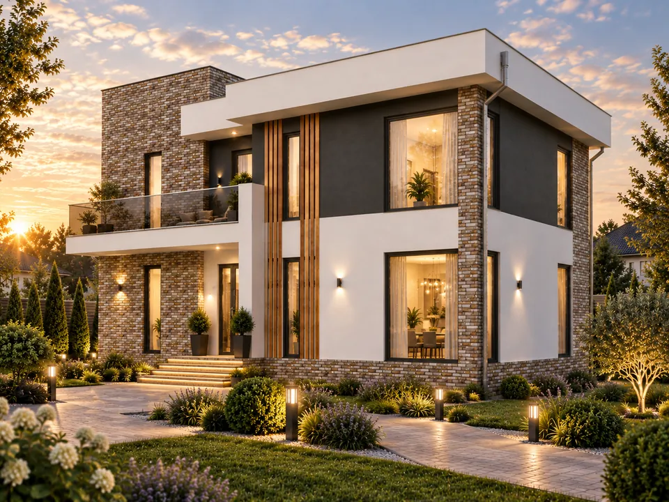 House with balconies and brick accents in Gorj — Corner view of the façades · visualisation