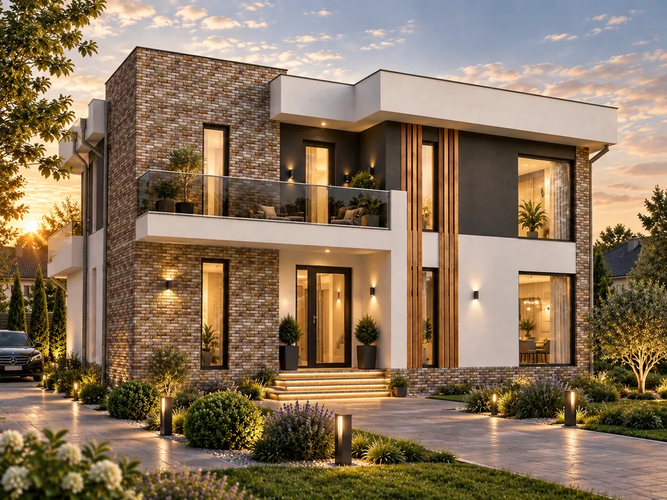 House with balconies and brick accents in Gorj — Main façade and entrance · visualisation