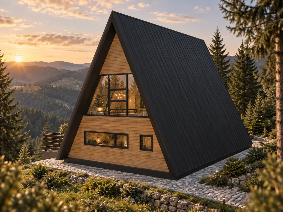 A-frame guesthouse with a lower ground floor in Gorj — Opposite elevation and pitched roof · visualisation