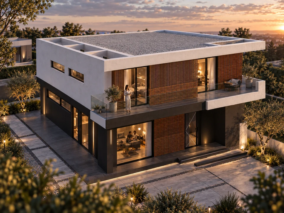 House in Dolj — Balcony and facade screens, elevated perspective · rendering