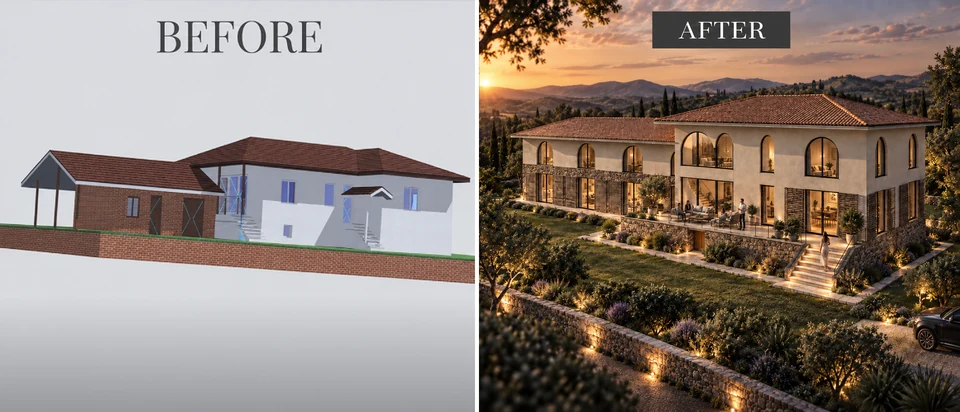 Remodelare casă cu arcade — Gorj — Varianta inițială / propunere: perspectivă de sus · randare