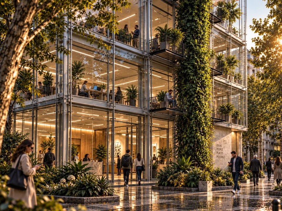 Office building — Bucharest — Glazed facade, balconies and vertical planting · rendering