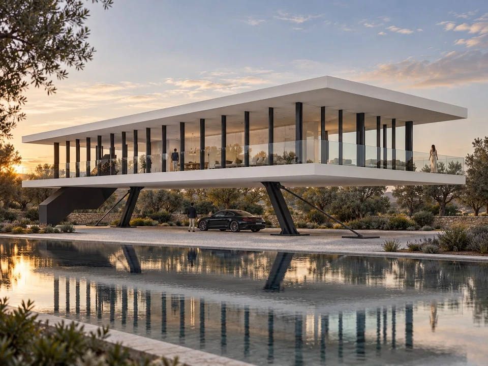 Futuristic house — Futuristic house and reflection in water · rendering