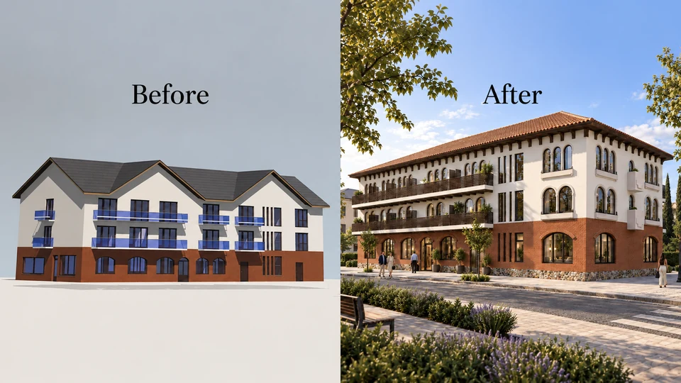 Guesthouse remodelling — Mehedinți — Initial version / proposal: facade with balconies · rendering
