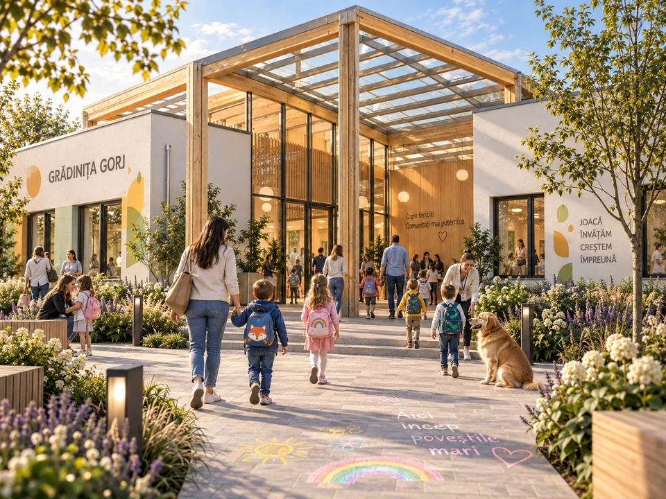 Kindergarten in Gorj — Glazed timber-framed entrance · rendering