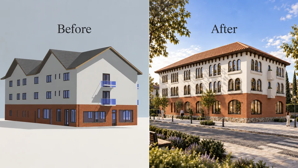 Guesthouse remodelling — Mehedinți — Initial version / proposal: opposite facade · rendering