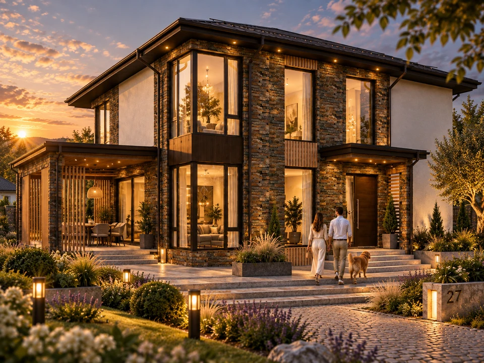 House in Prahova — stone and terrace — Entrance perspective in evening light · rendering