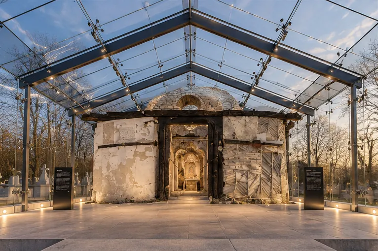 Pavilion de protecție pentru ruina unei biserici — Dolj — Ruina bisericii sub anvelopa de protecție · randare