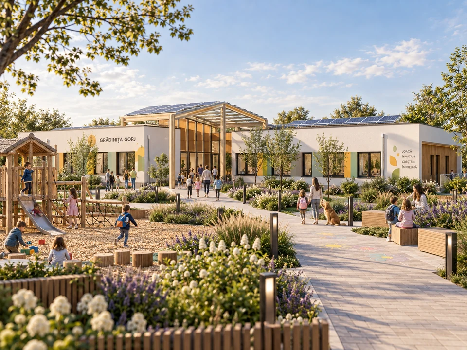 Kindergarten in Gorj — Main facade and entrance path · rendering