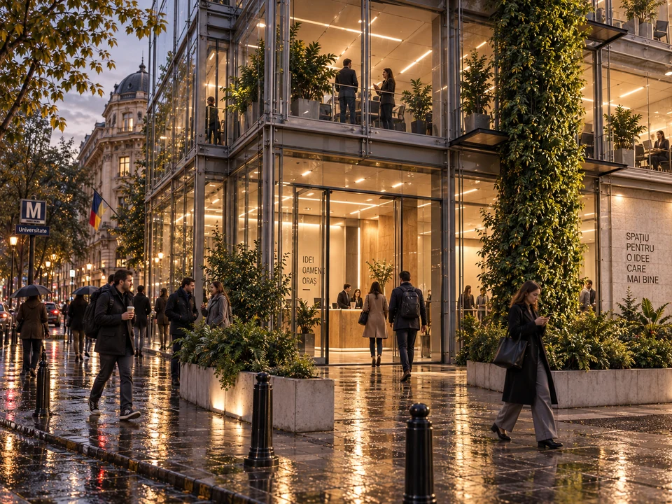 Office building — Bucharest — Entrance and street-level planting · rendering