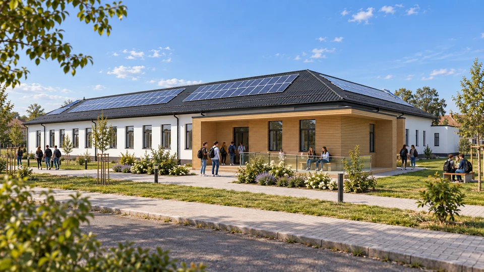 High school thermal rehabilitation and modernisation — Constanța — Main entrance and school courtyard · architectural visualisation