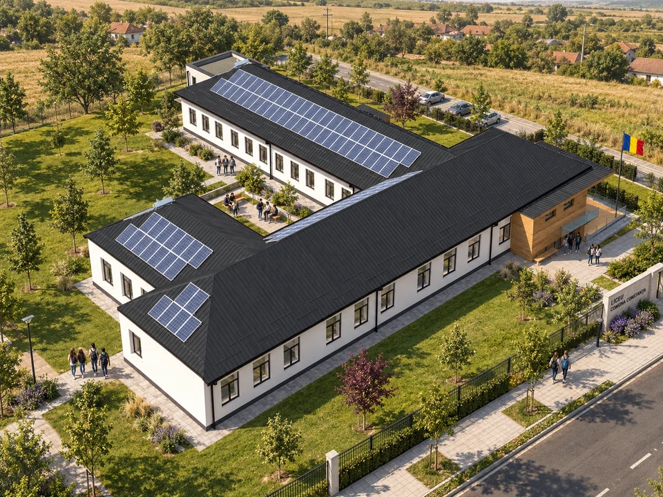 High school thermal rehabilitation and modernisation — Constanța — Aerial view of the high school and courtyard · architectural visualisation