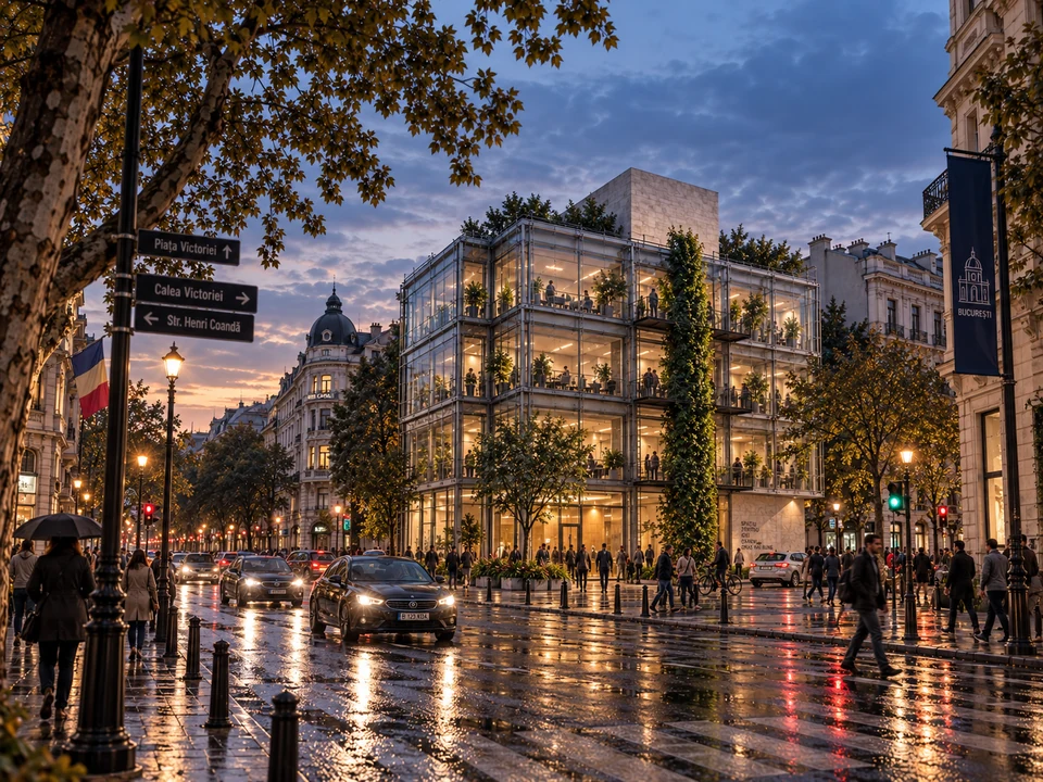 Office building — Bucharest — Office building in evening light · rendering