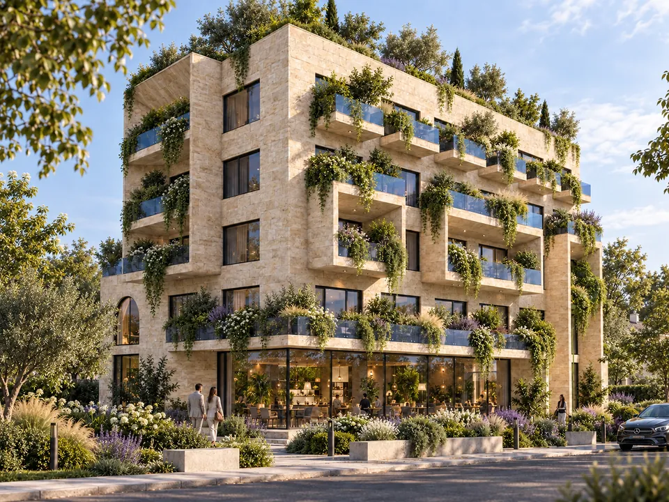 Locuințe colective în Gorj — Varianta în tonuri de piatră · perspectiva 3 · randare