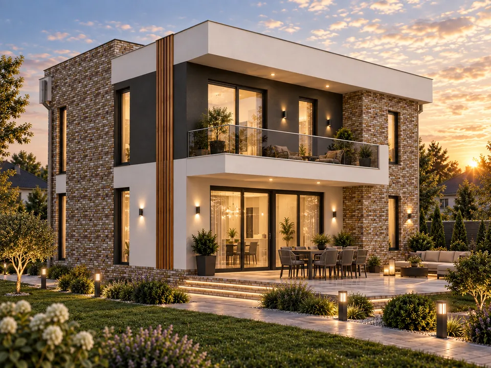 House with balconies and brick accents in Gorj — Balcony and garden terrace · visualisation