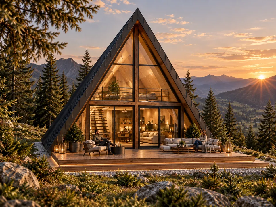 A-frame guesthouse in Gorj — Glazed façade and terrace, front view · visualisation