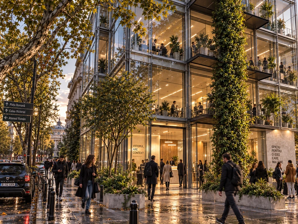 Office building — Bucharest — Transparent ground floor and pedestrian entrance · rendering