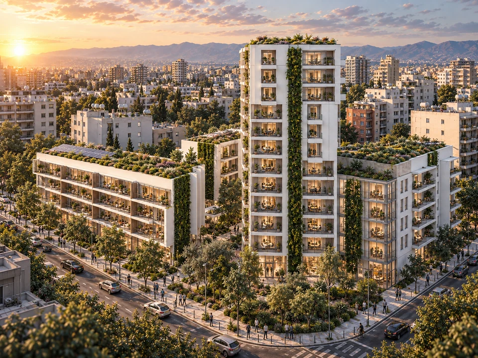 Complex rezidențial Basarab — Vedere de ansamblu la apus · vizualizare arhitecturală