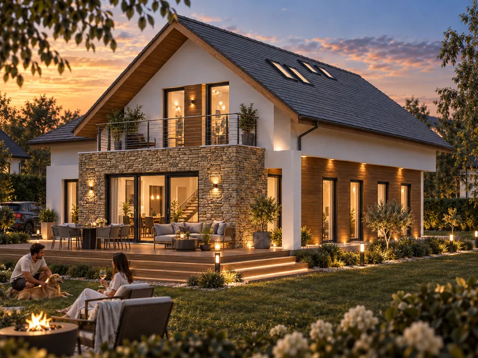 House with timber, stone and balcony in Ilfov — House with timber, stone and balcony in Ilfov — view 1 · visualisation