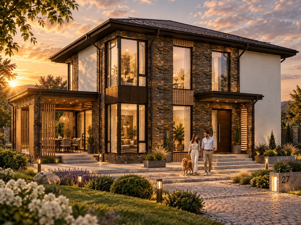 House in Prahova — stone and terrace — Prahova house: stone facade and entrance · rendering