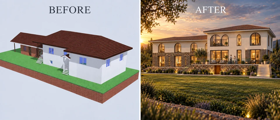 Remodelare casă cu arcade — Gorj — Varianta inițială / propunere: fațada către grădină · randare