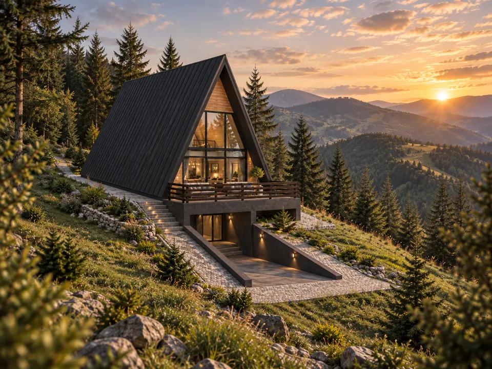 A-frame guesthouse with a lower ground floor in Gorj — A-frame guesthouse integrated into the sloping site · visualisation
