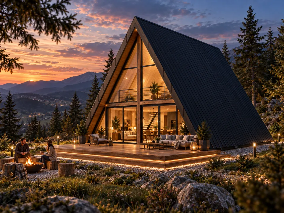 A-frame guesthouse in Gorj — A-frame volume and terrace at sunset · visualisation