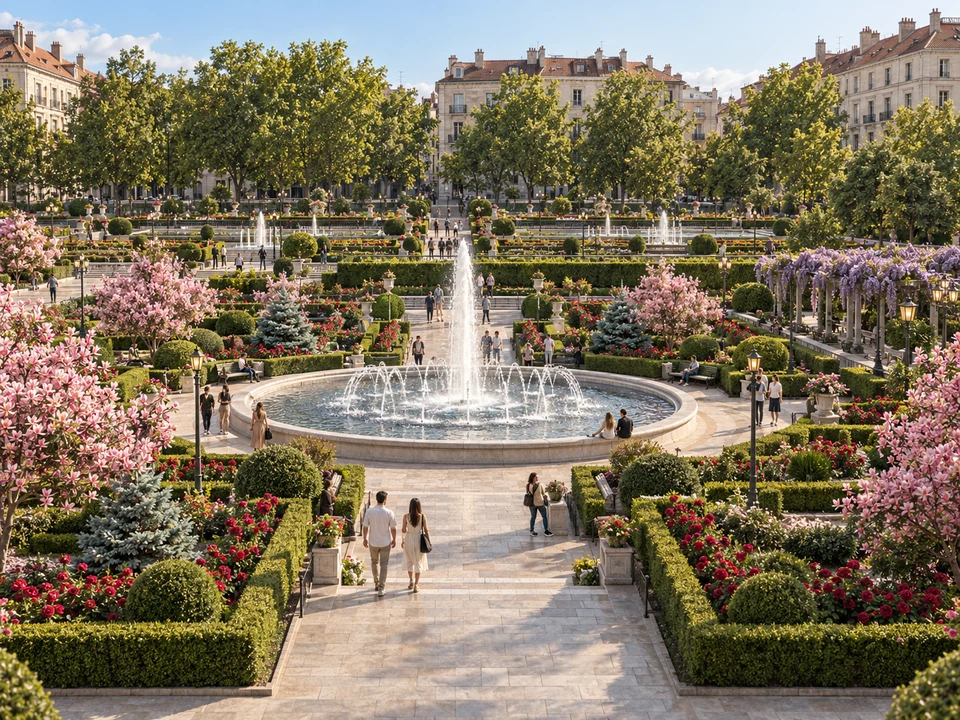 Parc în Mehedinți — Fântâna circulară și grădinile parcului · randare