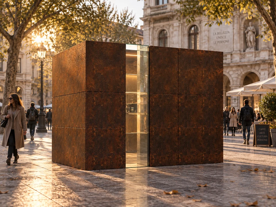 Chioșc urban — concurs, București — Chioșcul închis și fâșia vitrată verticală · randare