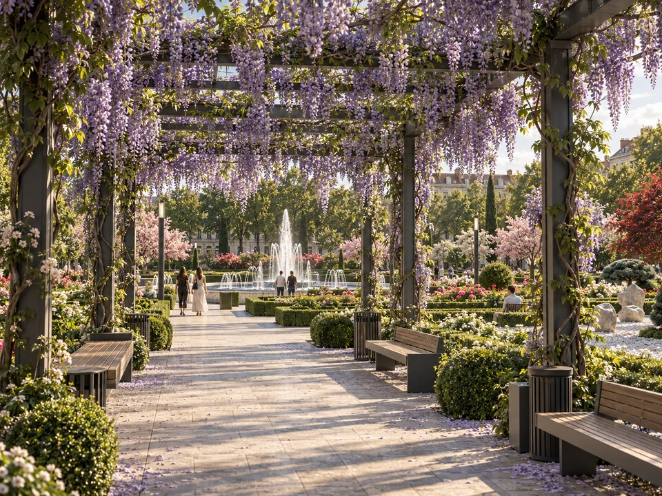 Parc în Mehedinți — Alee umbrită de pergolă cu vegetație cățărătoare · randare