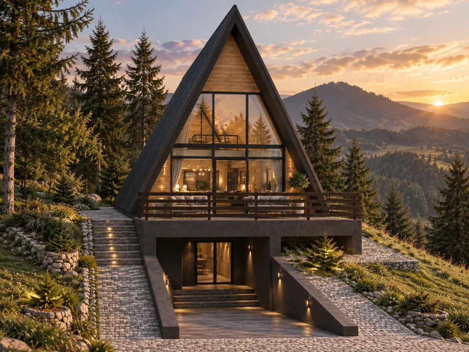 A-frame guesthouse with a lower ground floor in Gorj — Main façade, terrace and lower-ground entrance · visualisation