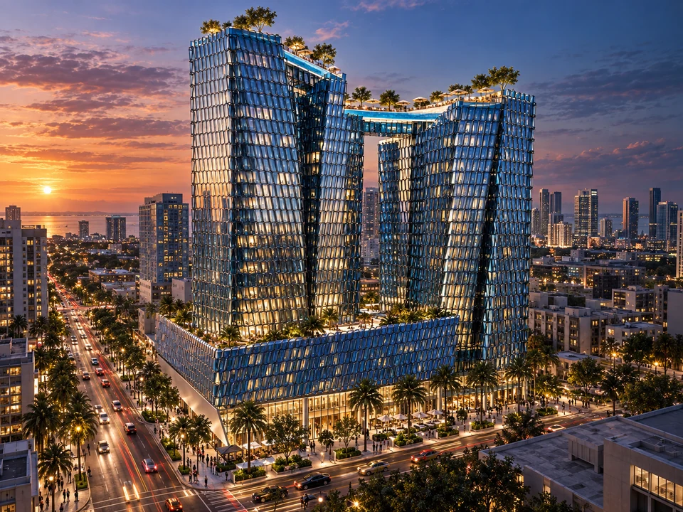Hotel Floreasca — Hotelul la apus, vedere de ansamblu · vizualizare arhitecturală