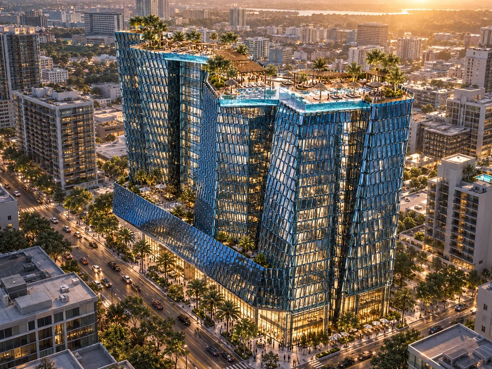 Hotel Floreasca — Vedere aeriană a teraselor și piscinelor · vizualizare arhitecturală