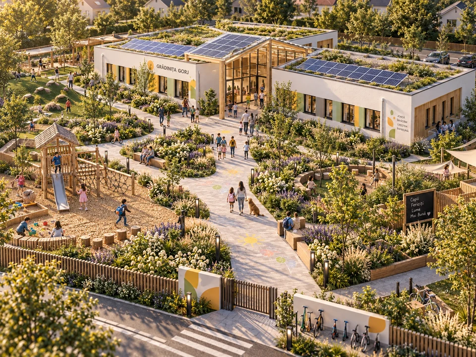 Kindergarten in Gorj — Kindergarten in Gorj and play garden, overall view · rendering