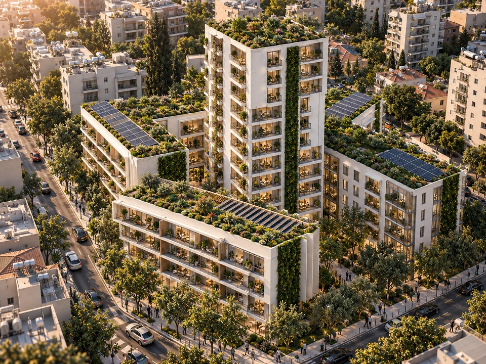 Complex rezidențial Basarab — Vedere aeriană a curții și a acoperișurilor plantate · vizualizare arhitecturală