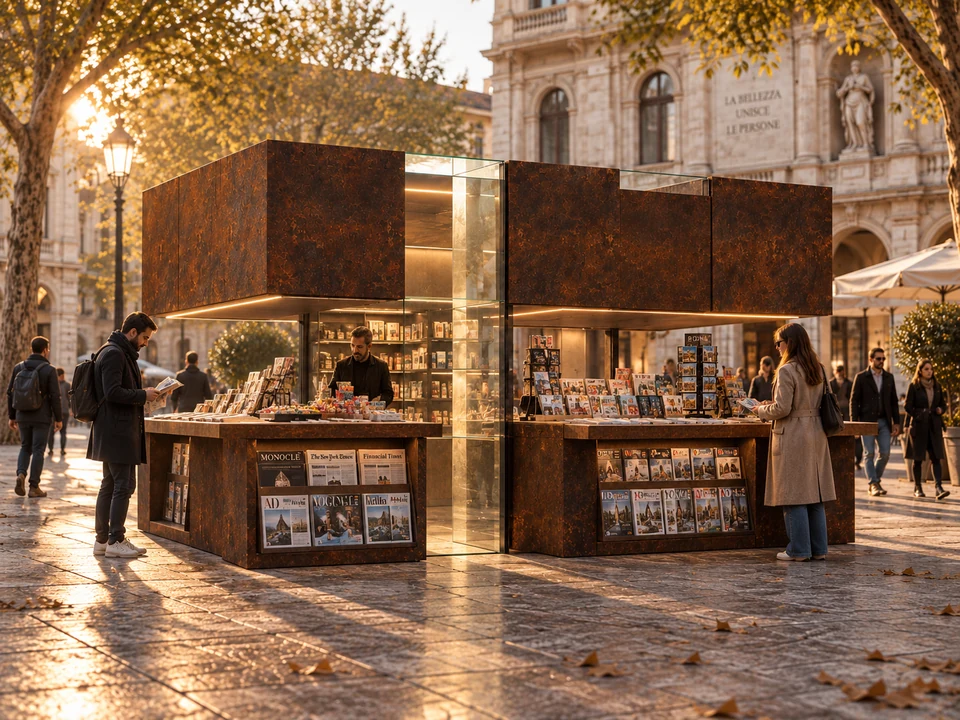 Chioșc urban — concurs, București — Chioșcul deschis, tejghele și copertine · randare