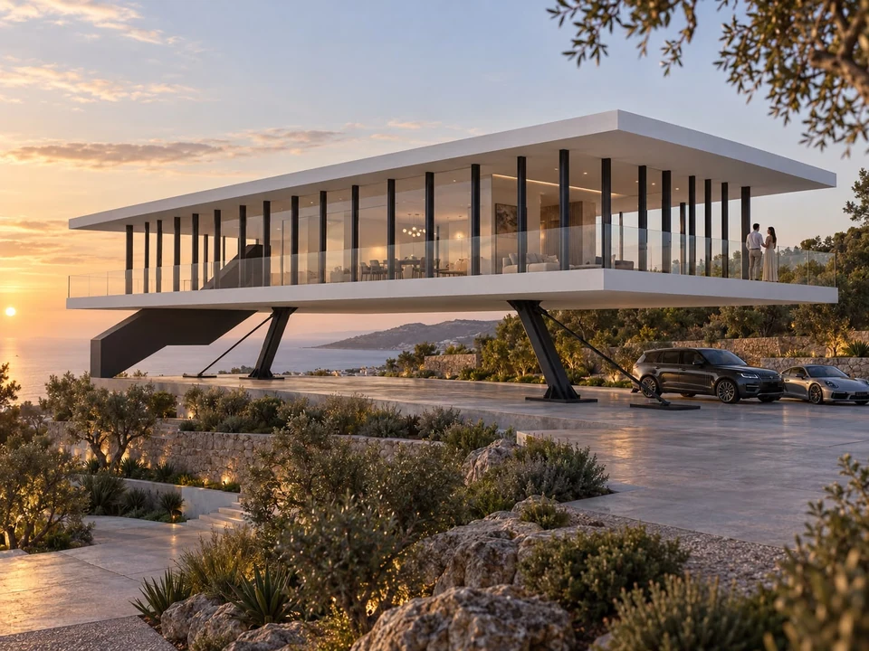 Futuristic house — Raised volume and external access · rendering