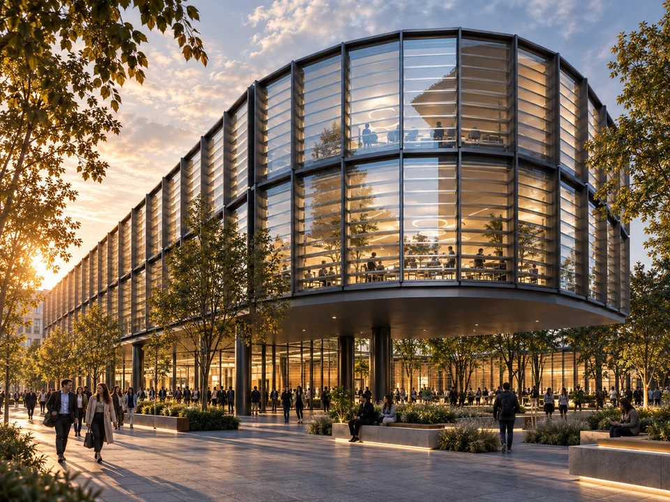 Faculty of Building Services Courtyard — Glazed volume and shared courtyard spaces · architectural visualization