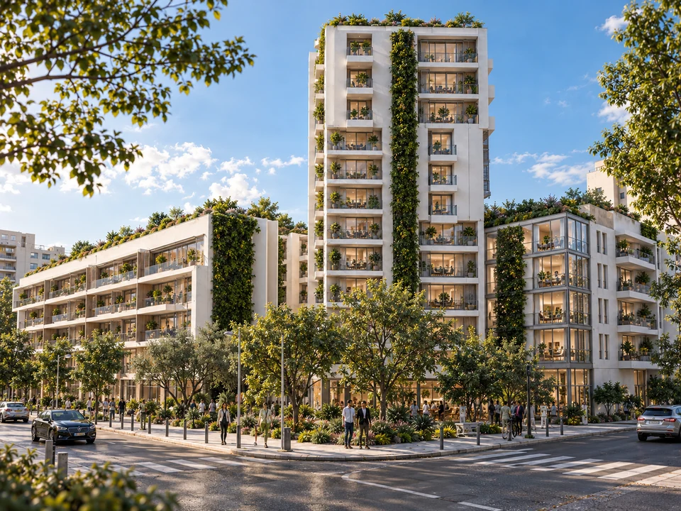 Complex rezidențial Basarab — Volumele rezidențiale văzute de la nivelul străzii · vizualizare arhitecturală