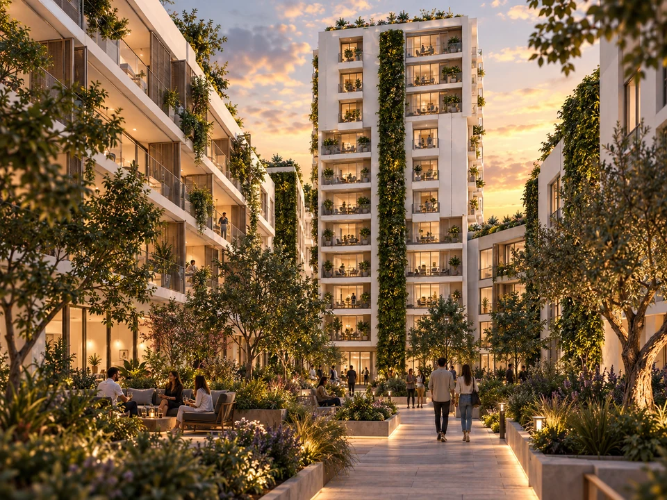 Complex rezidențial Basarab — Curtea plantată și traseul pietonal dintre clădiri · vizualizare arhitecturală