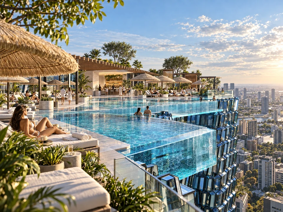 Hotel Floreasca — Piscina și spațiile de relaxare de pe terasă · vizualizare arhitecturală