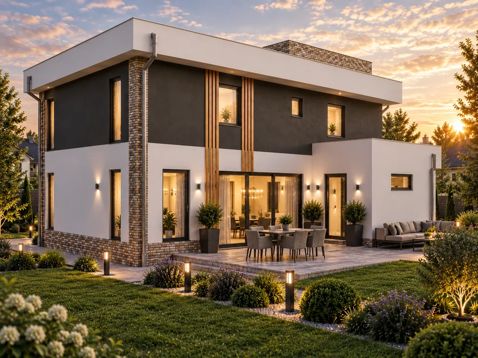 House with balconies and brick accents in Gorj — Garden elevation and outdoor terrace · visualisation