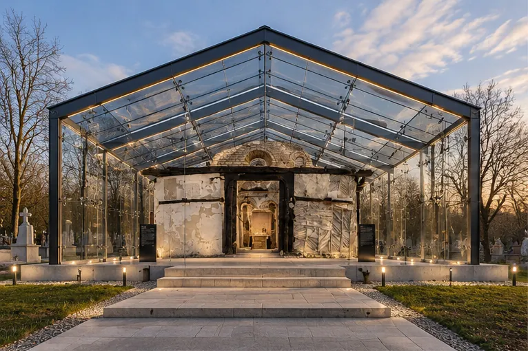 Pavilion de protecție pentru ruina unei biserici — Dolj — Accesul în pavilion și fațada ruinei · randare
