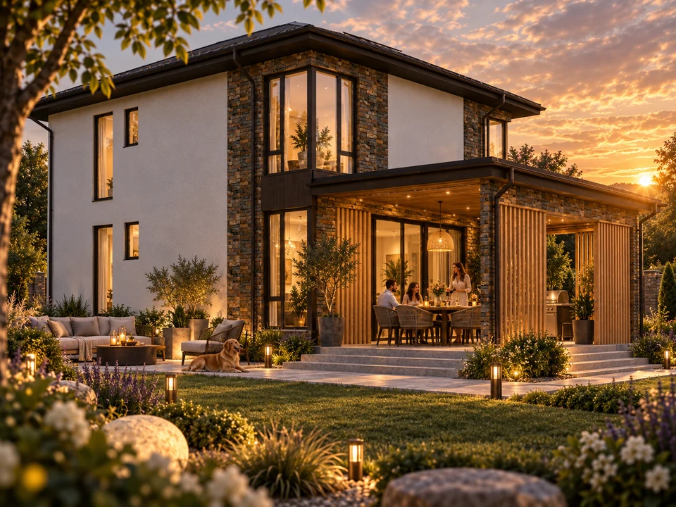 House in Prahova — stone and terrace — Sheltered terrace and garden-facing facade · rendering